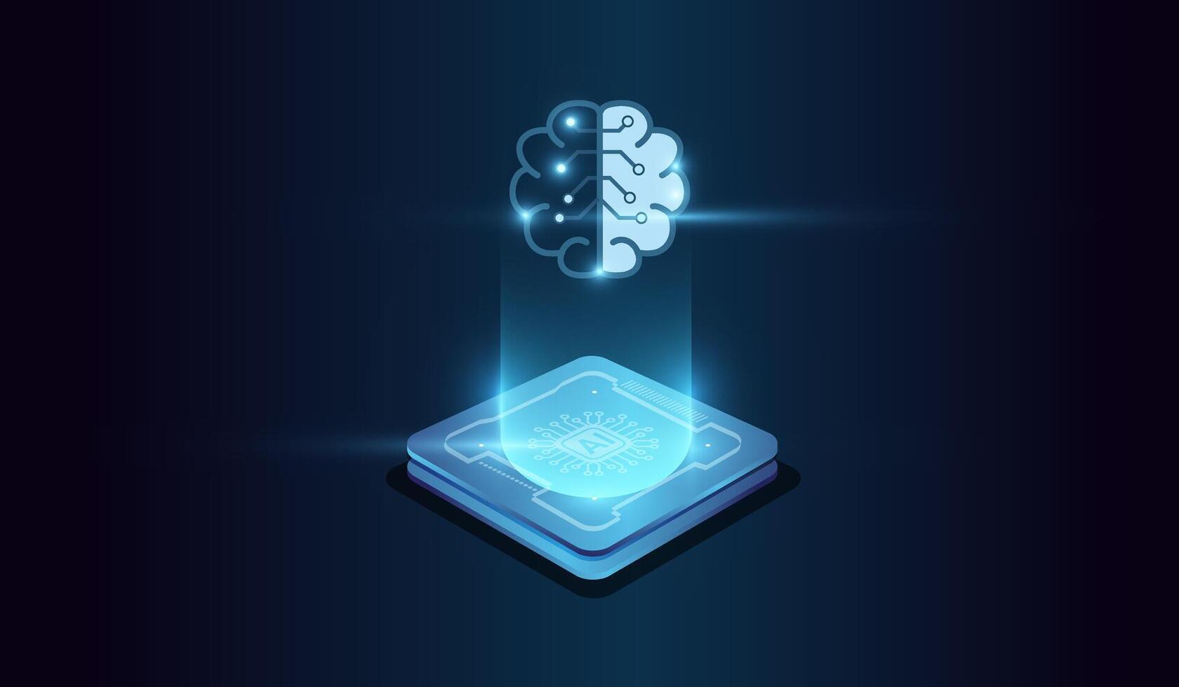 Computer microchip for Abstract digital illustration, the Artifical intelligence technology concept on Brightly glowing AI chip with light circuit board on technology style vector