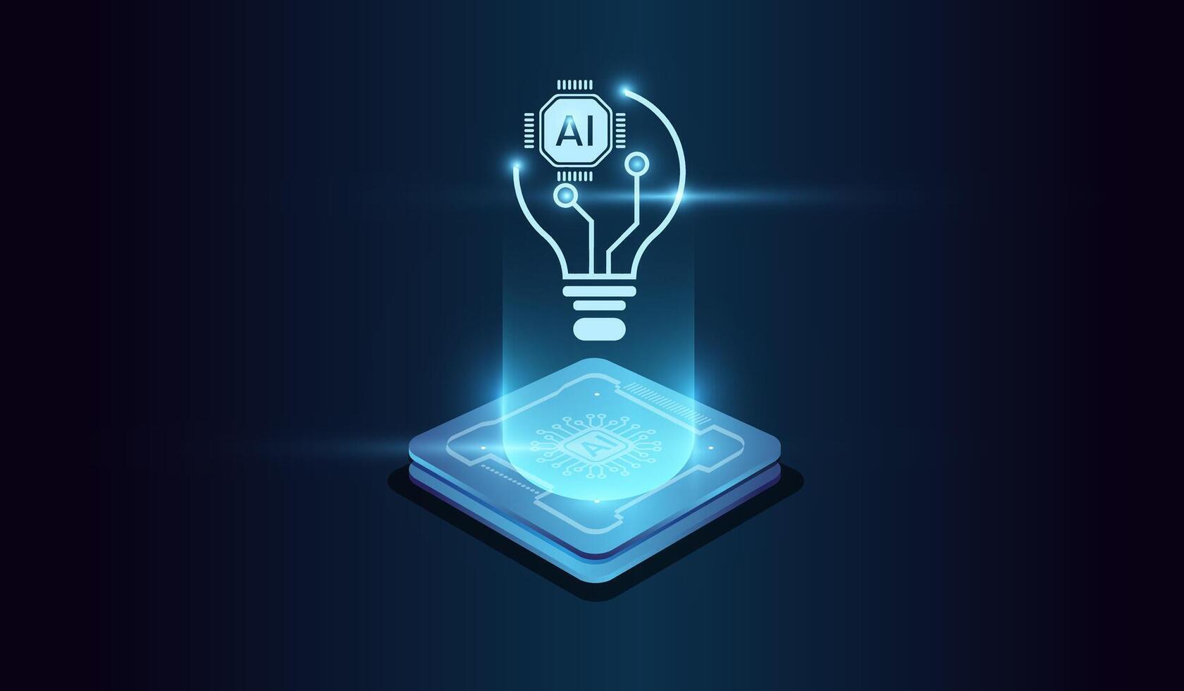 Artifical intelligence technology concept on Brightly glowing AI chip with light circuit board on technology . Computer microchip for Abstract digital illustration vector