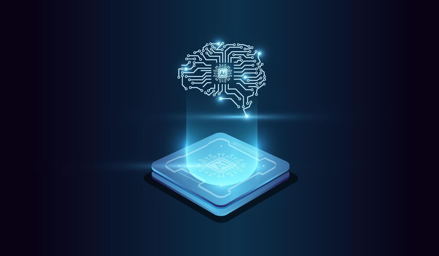 Computer microchip for Abstract digital illustration. and artifical intelligence technology concept on Brightly glowing AI chip with light circuit board on technology . vector