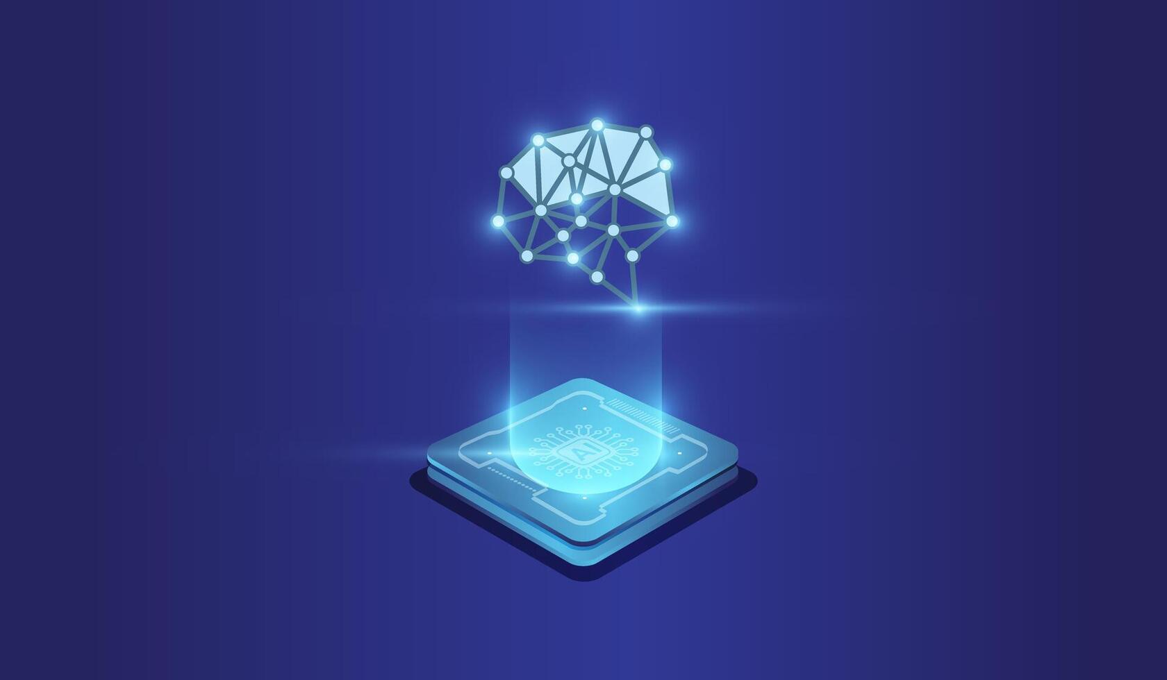 The artifical intelligence technology concept on Brightly glowing AI chip with light circuit board on technology blue background. the CPU processor Computer microchip vector