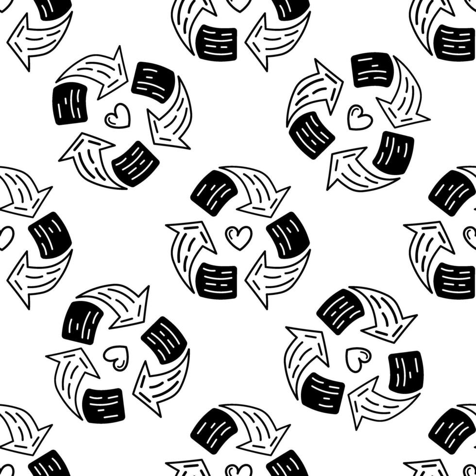 Seamless recycling pattern outline doodle illustration with hearts vector