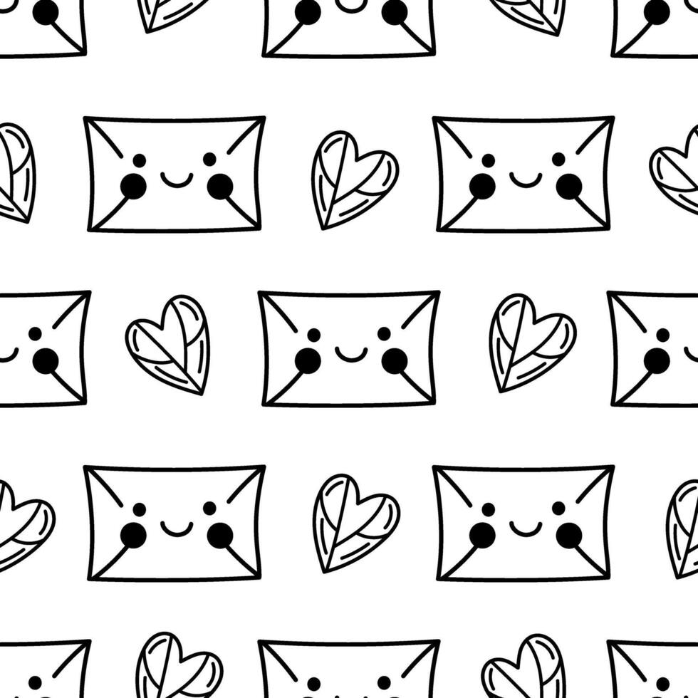 Seamless love letter pattern outline doodle illustration with smiling envelopes vector