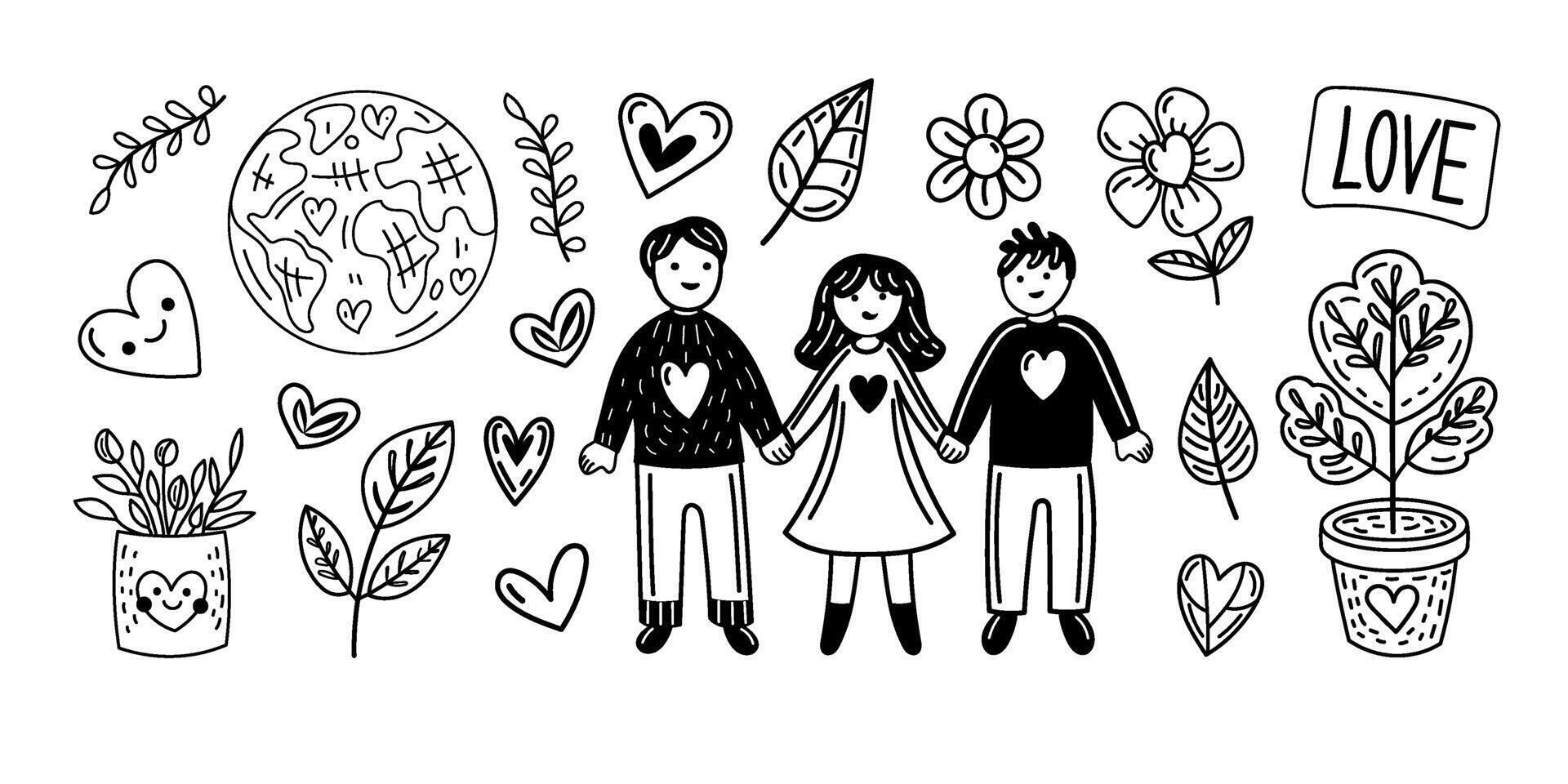 Eco-friendly doodle outline set with hearts, plants, earth and cute diverse people with heartwarming connection vector
