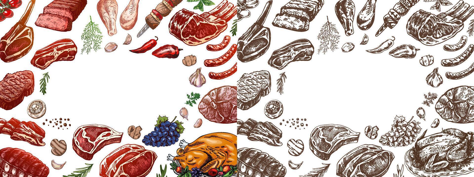 Meat dishes sketch collection for restaurant menu card and branding vector