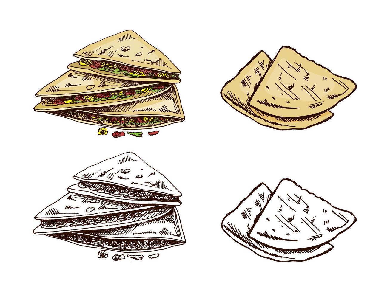 set of quesadilla in sketch style. Vintage drawing of Mexican dish. Black ink outline food illustration. Mexican food, cuisine. An illustration for the menu. Latin America. vector