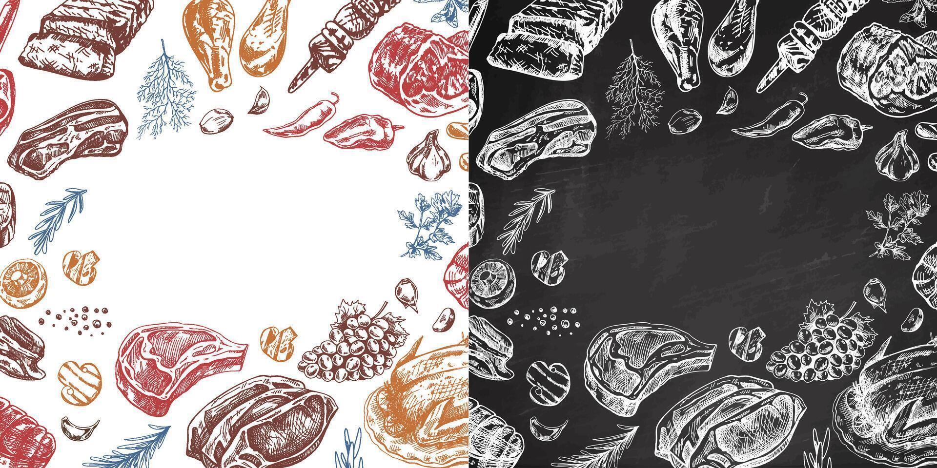 Meat dishes sketch collection for card template blackboard style vector