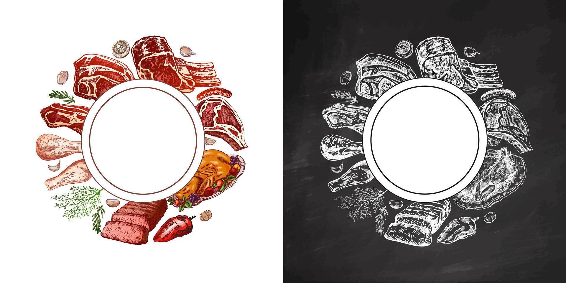 Meat dishes creative circular template for food branding and menu vector