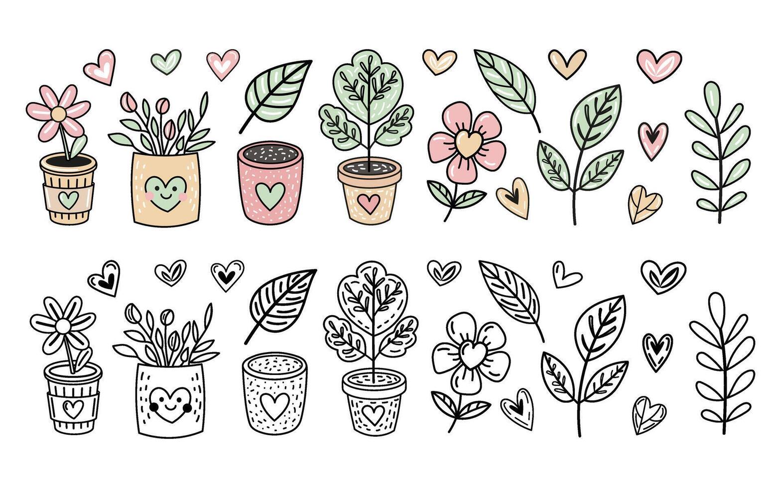 Eco love doodle outline and colored set with hearts, plants, leaves, nature vector