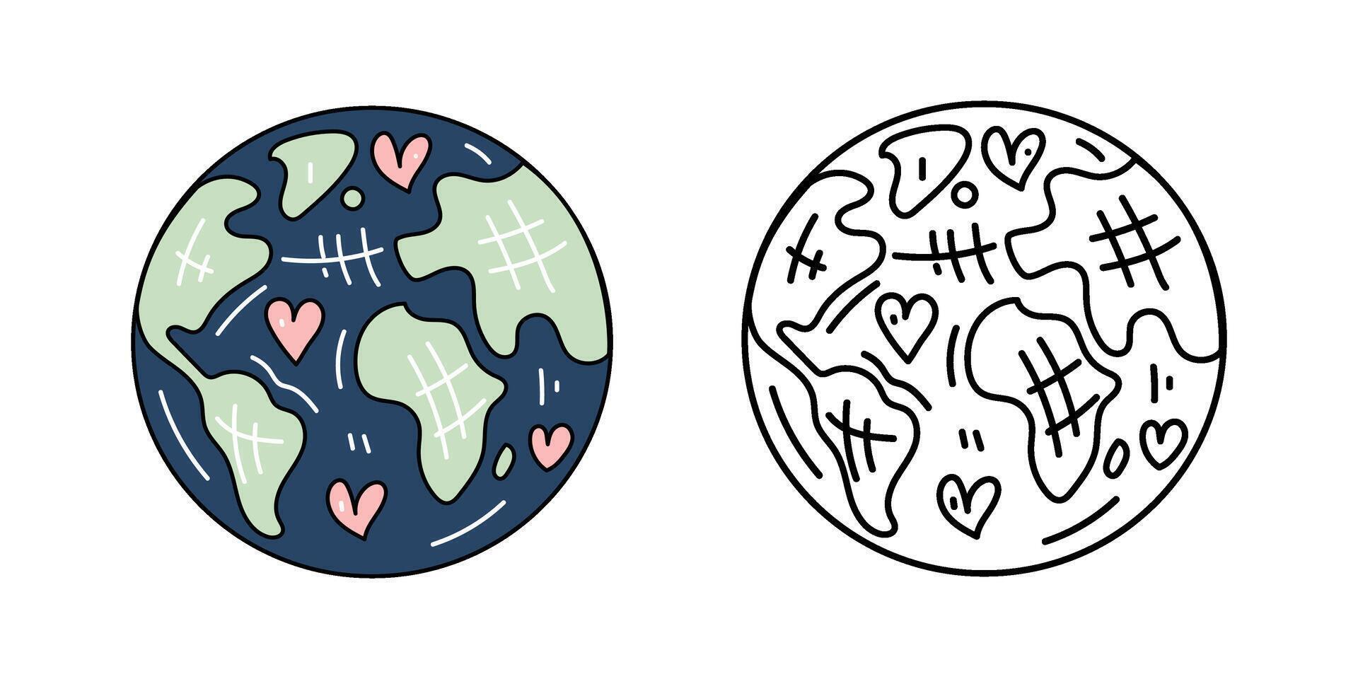 Cute earth doodle flat and outline illustration with hearts for eco and love themes vector