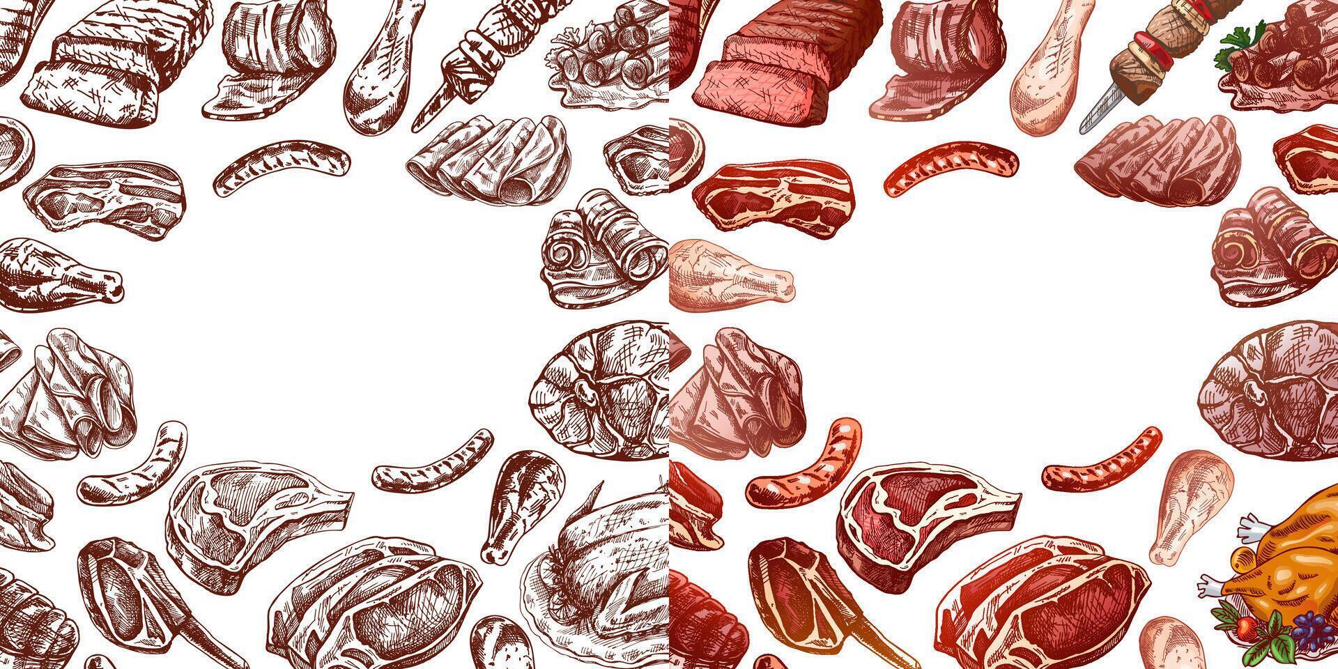 Hand-drawn meat dishes collection with white and chalkboard backgrounds vector