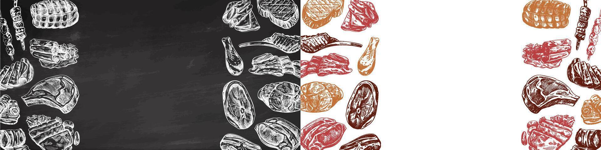 Hand-drawn meat dishes illustration for restaurant menu and food design vector