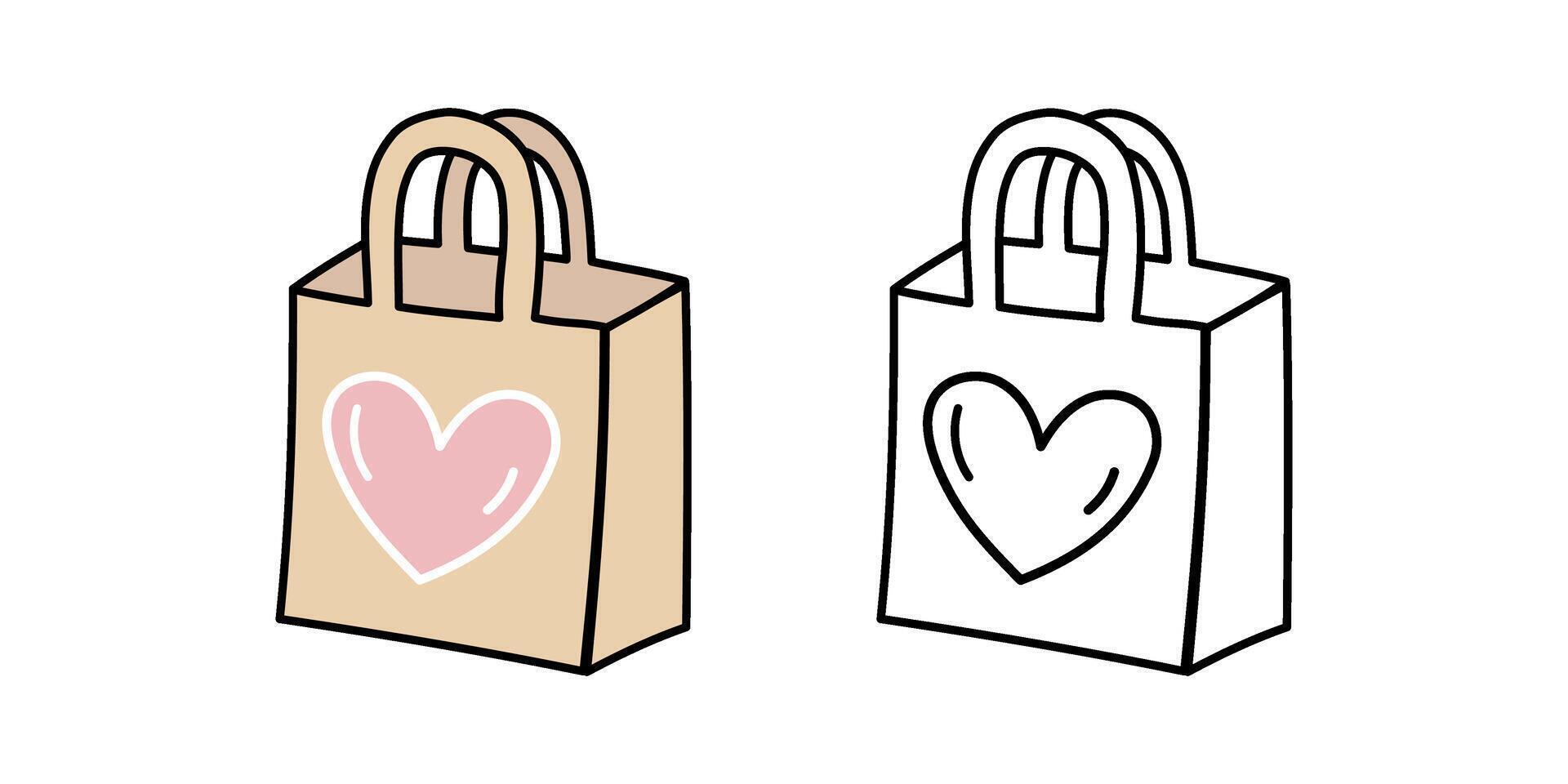 Reusable paper bag doodle flat and outline illustration with heart symbol vector