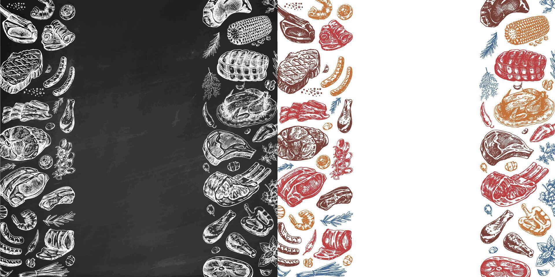 Sketch meat dishes chalkboard and white collection for card templates vector