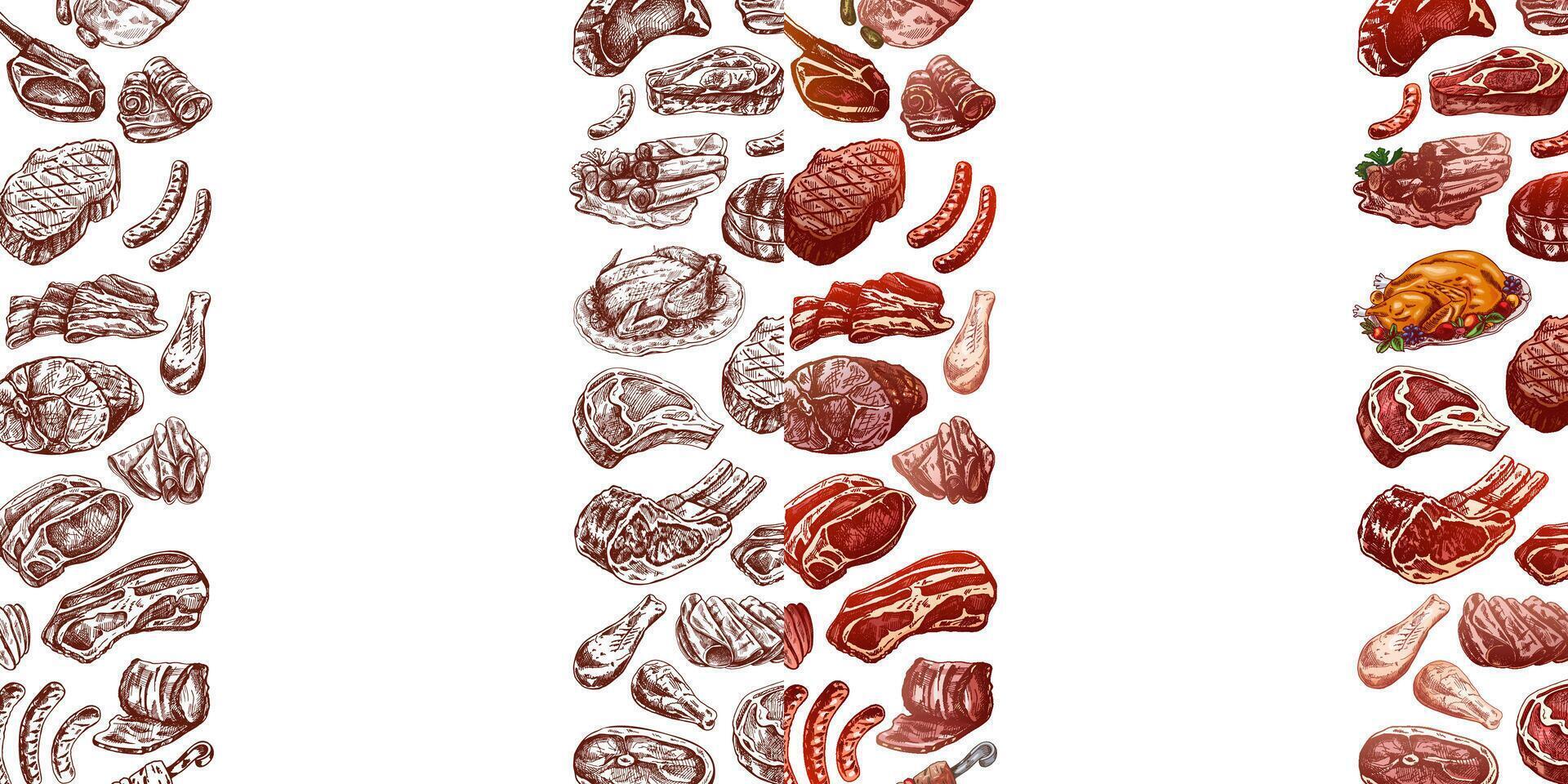 Hand-drawn vertical meat dishes borders, culinary art collection vector