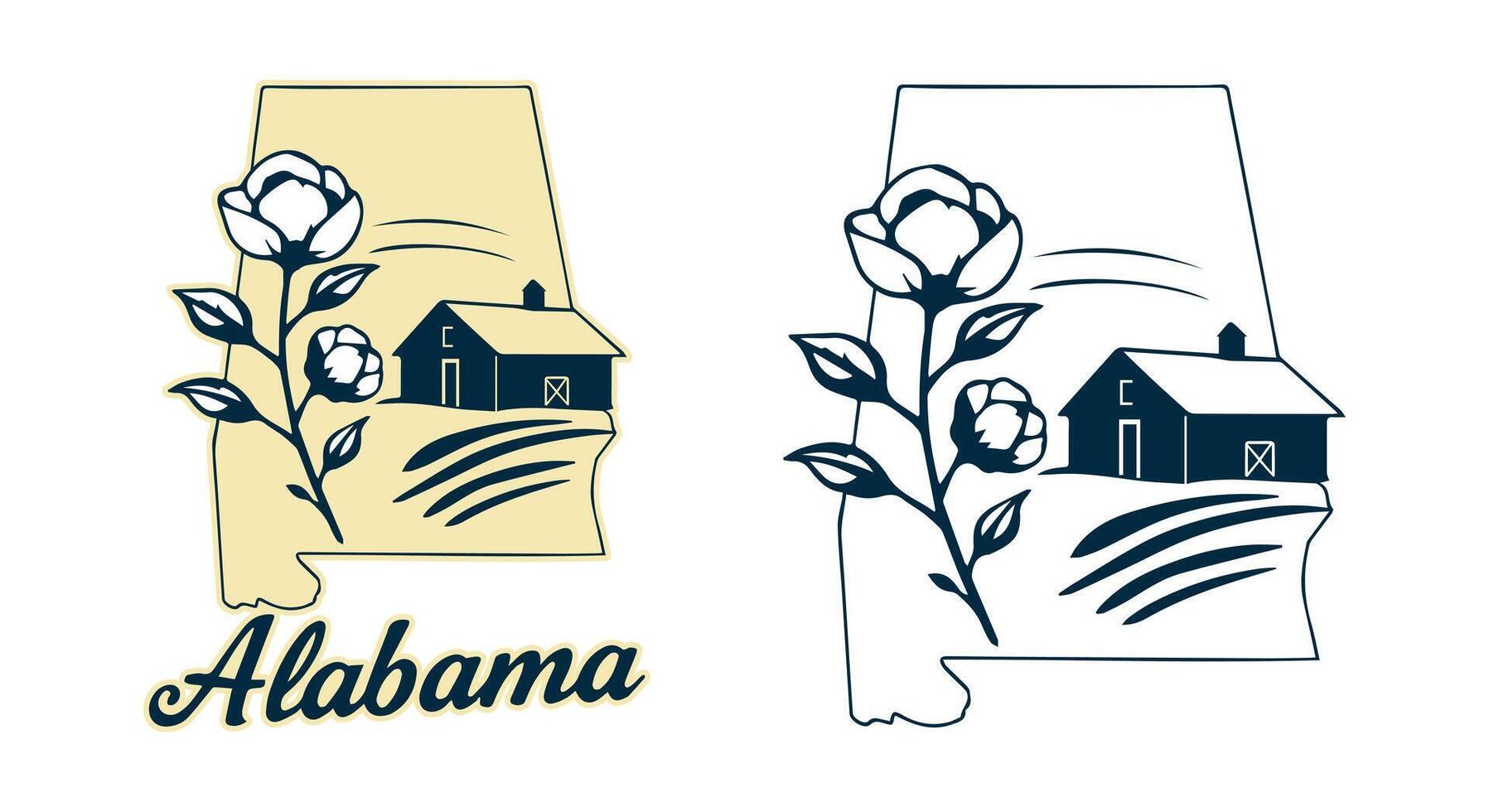 Alabama State Outlines Featuring Cotton Flower Building and Map vector