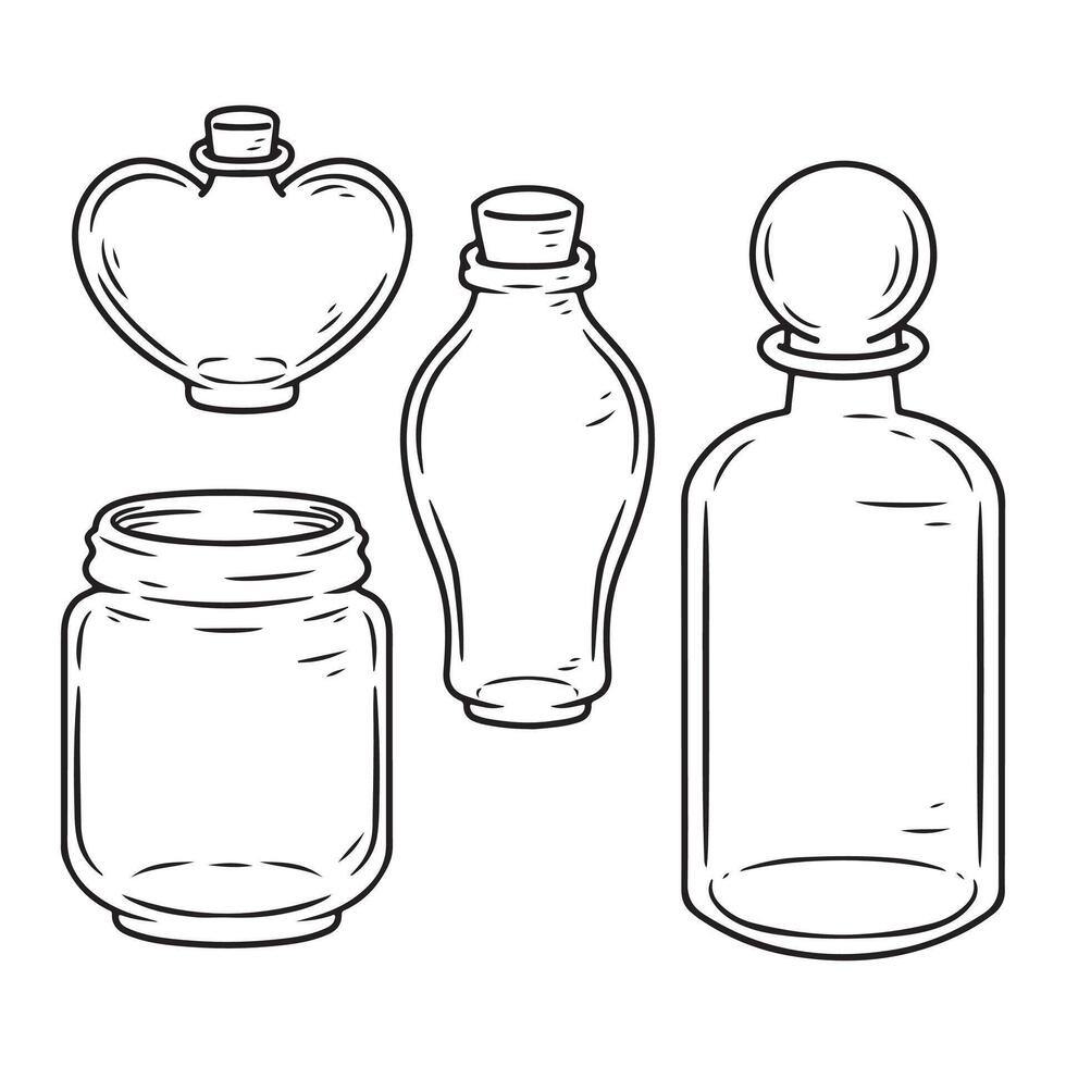 Bottles and jars. Hand drawn illustration in sketch style vector