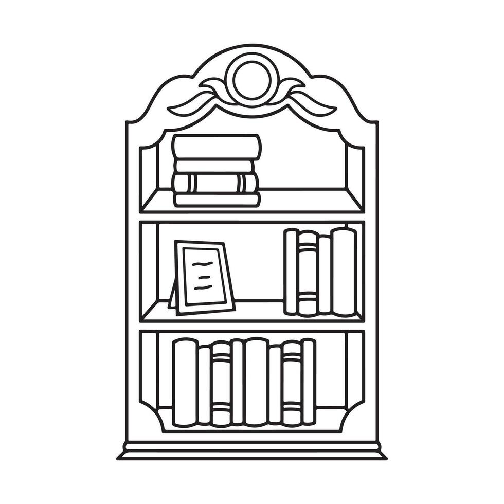 Bookshelf icon in outline style isolated on white background. Library symbol stock illustration vector