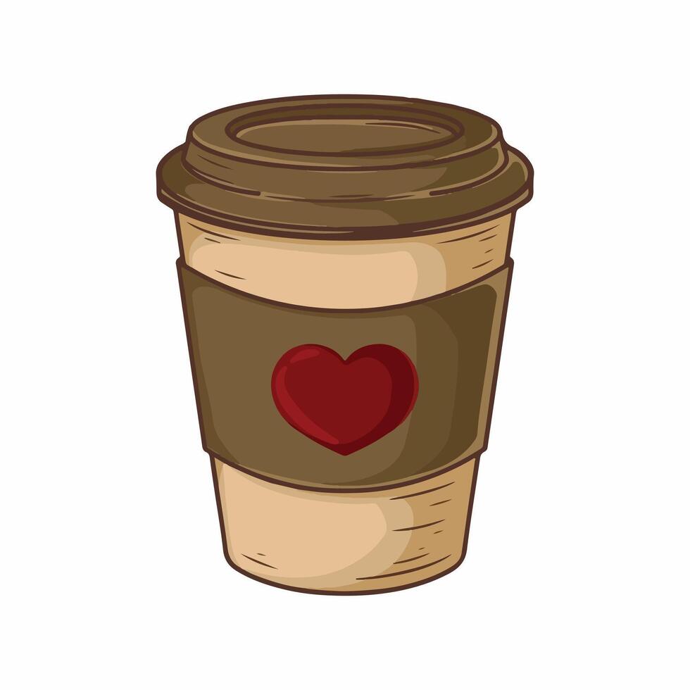 Coffee cup with heart icon in cartoon style on a white background vector