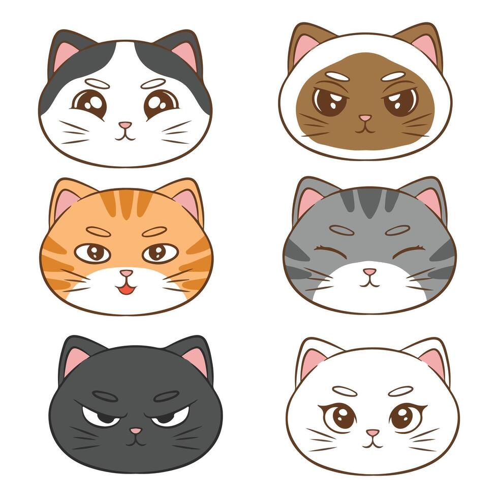set of cute cartoon cats faces. Cute kittens with different emotions vector