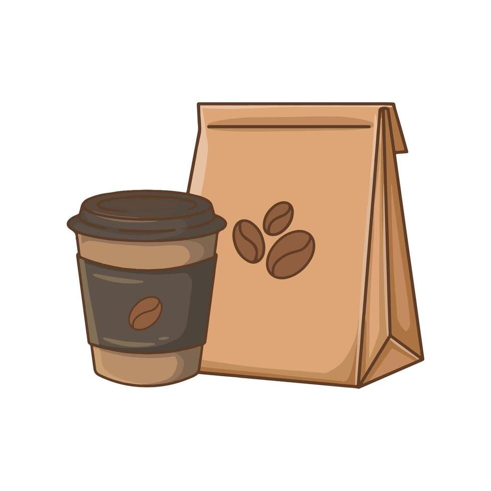 Coffee cup and paper bag icon in cartoon style on a white background vector