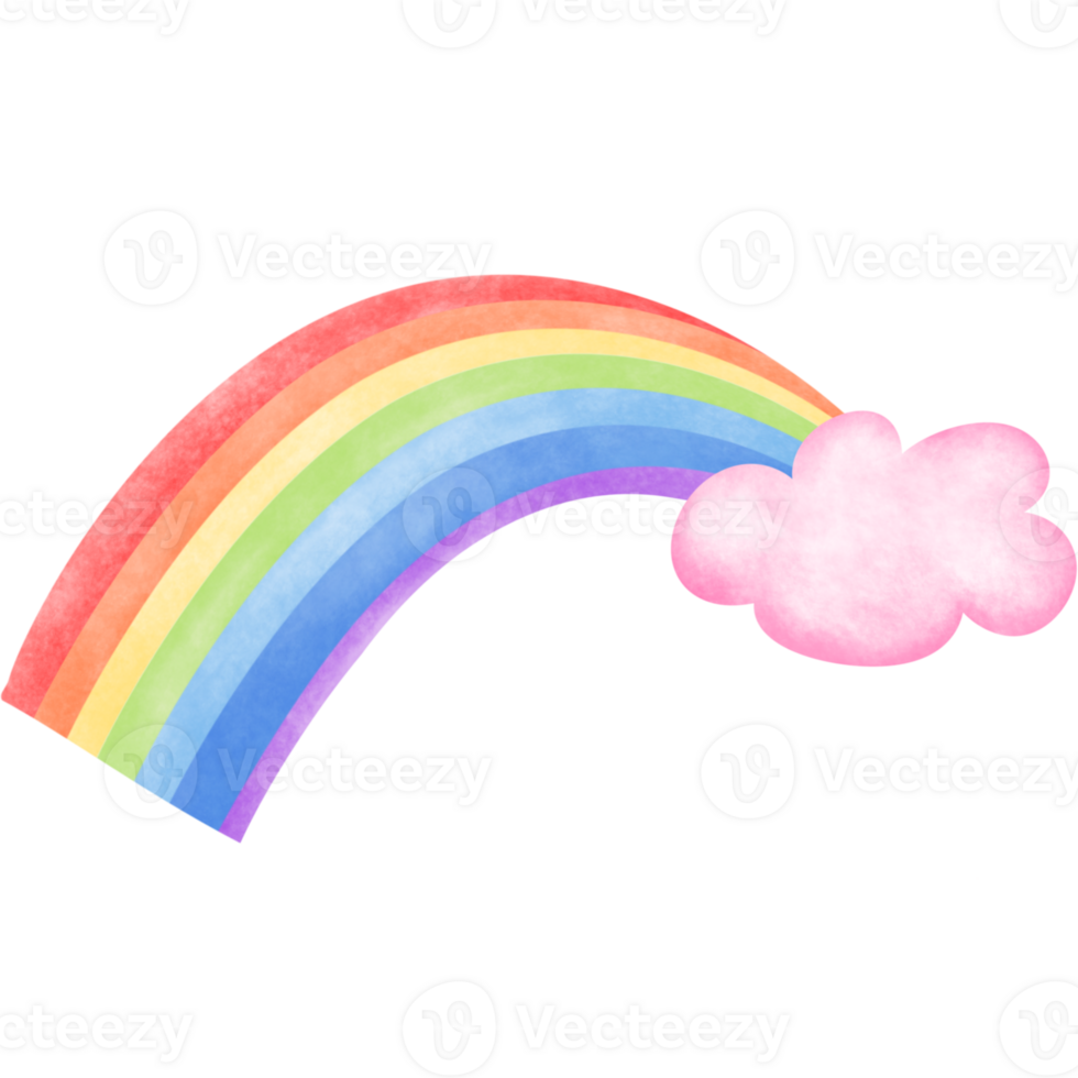 A rainbow emerging from behind a watercolor pink cloud png