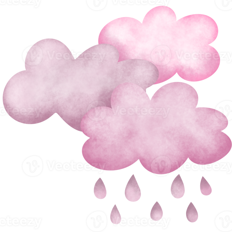 Three pink clouds stacked on top of each other in a rainy sky, with pink clouds and raindrops paint png