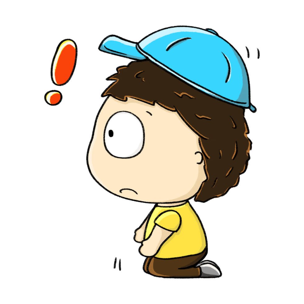 Boy shocks and kneel down cartoon illustration, cute boy shock expression, exclamation mark emotion drawing png