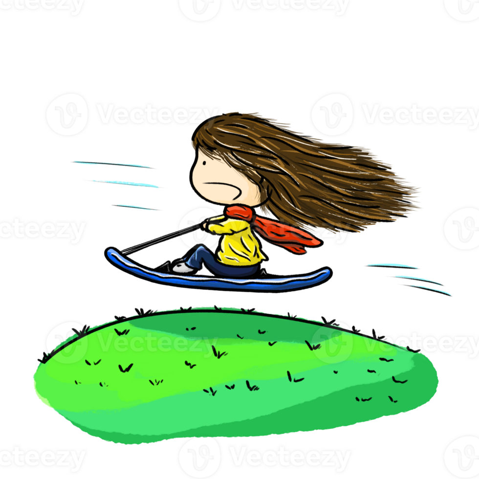 Grass sand sliding cartoon illustration, little girl flying on grass, outdoor sport comic drawing png
