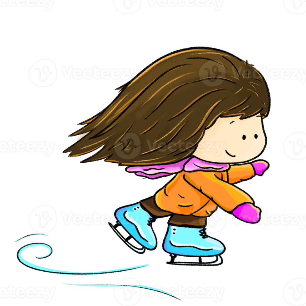 Cute girl ice skating illustration, comic color skating sport drawing png