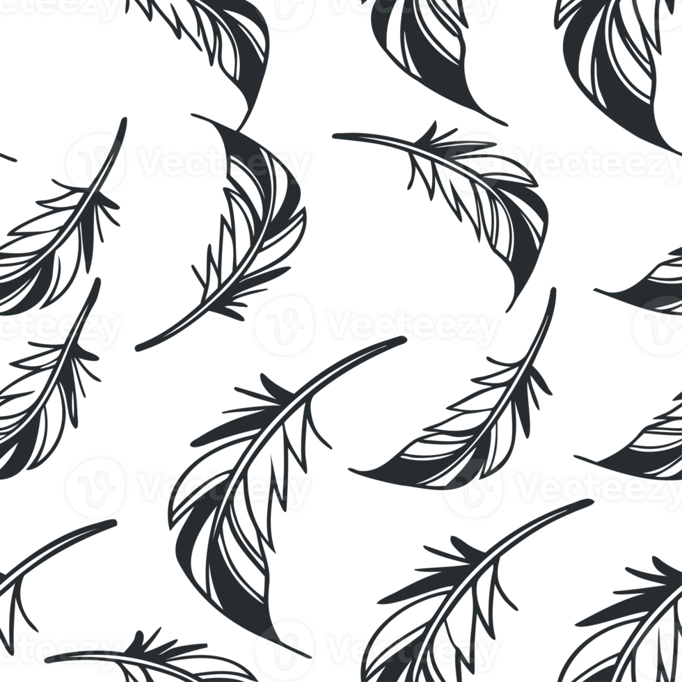Seamless Hand-Drawn Feather Pattern in Elegant Black and White Minimalist Boho Style for Textiles Wrapping Paper Digital Backgrounds and Decorative Designs png