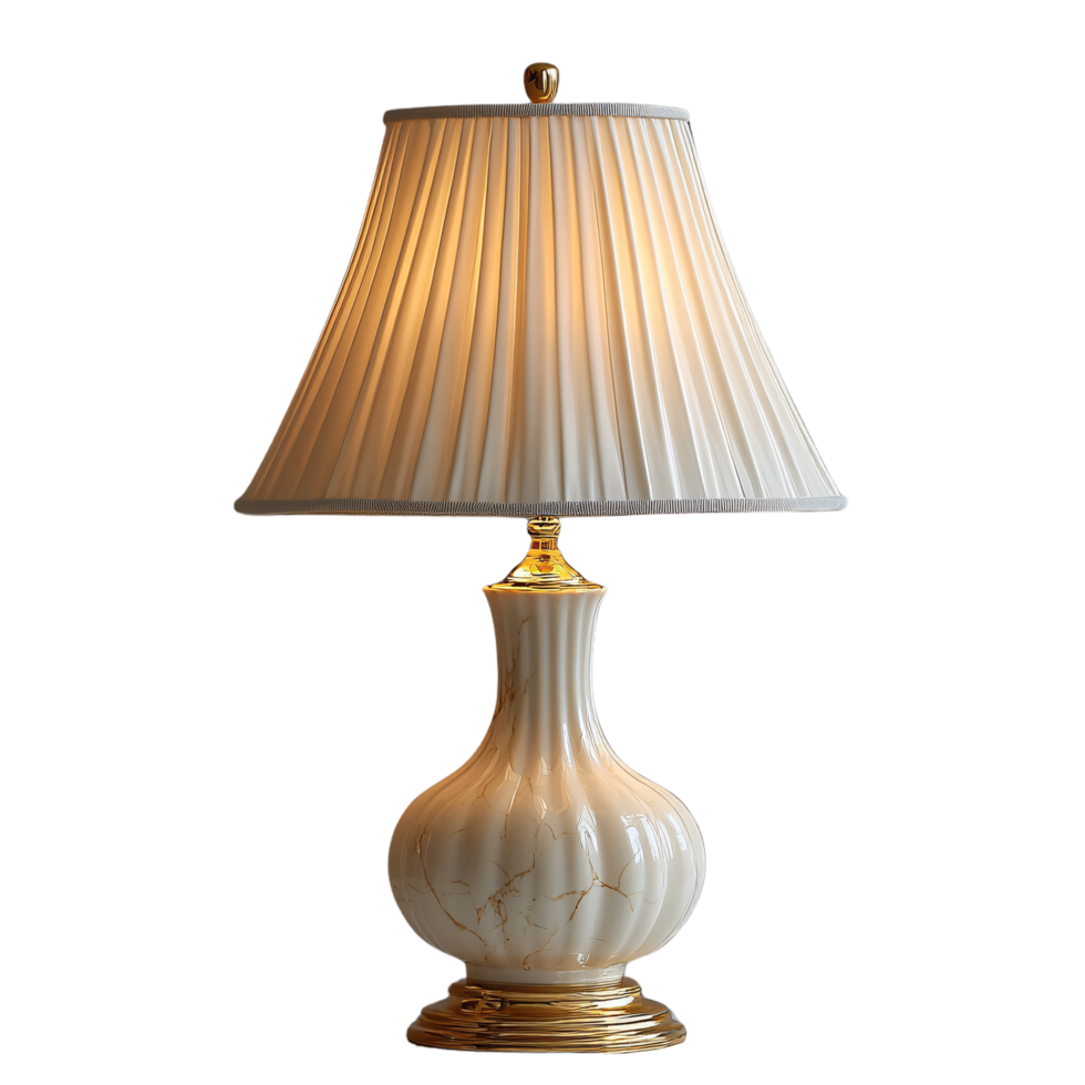 Elegant ceramic table lamp with a gold-trimmed, ribbed shade, casting warm light, embodying a classic and refined home decor aesthetic png