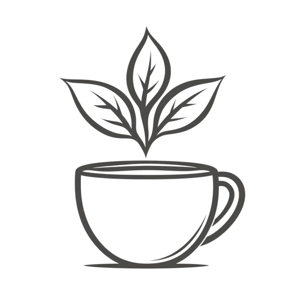Modern line drawing of a tea cup with a single leafy branch, representing simplicity and organic charm with a gentle, soothing vibe png
