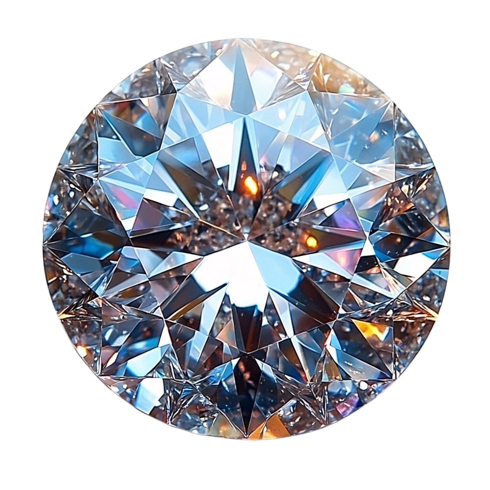 Close-up of a round diamond, vivid blue and orange reflections glimmering, with a mesmerizing pattern of precise cuts capturing light in every angle png