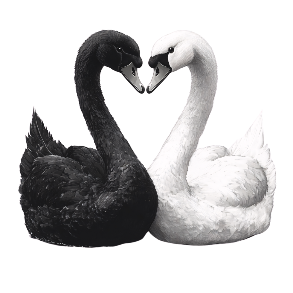 Realistic black and white swans in an embrace, each feather meticulously drawn, creating a harmonious black-and-white contrast png