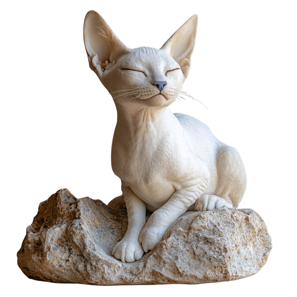 A lifelike white stone sculpture of a cat lying on a rock, eyes closed peacefully, capturing a serene expression png