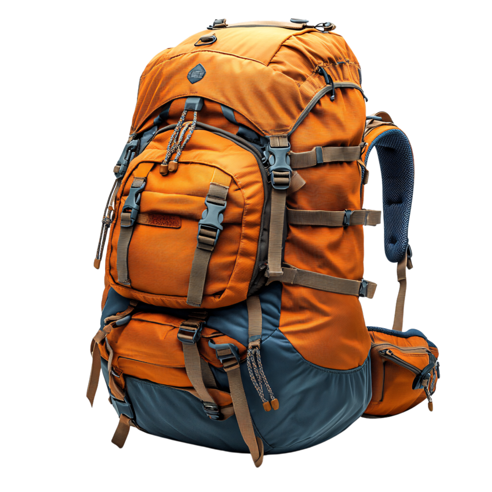 An orange and grey trekking backpack with multiple straps, compartments, and sturdy buckles, designed for outdoor adventures and extended hikes png