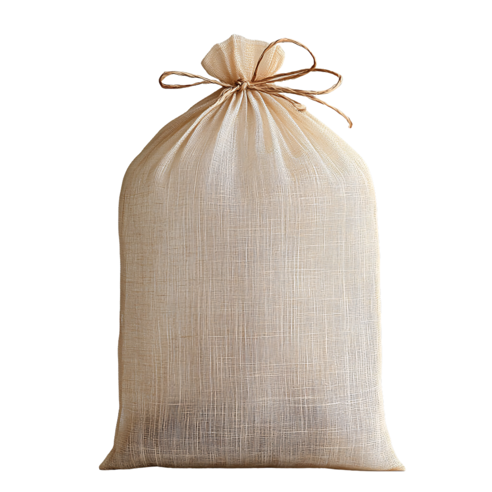 A simple, rustic burlap sack tied with a string, suggesting natural or artisanal contents, with a texture that adds a raw, earthy aesthetic png