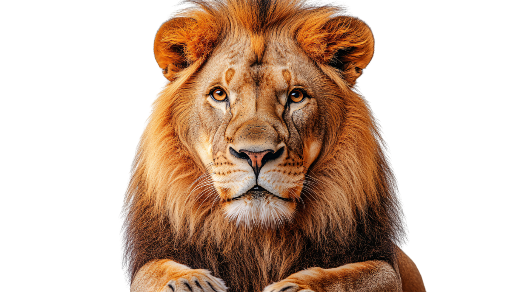 Front view of a lion with an intense, focused expression, showcasing a thick, golden mane and piercing eyes, exuding authority and elegance png