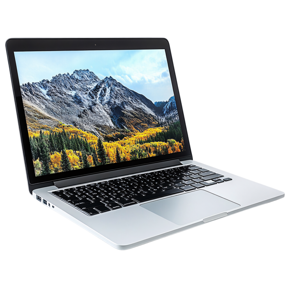Open laptop with a mountain landscape displayed on the screen, featuring vibrant autumn trees and a clear sky, set against a sleek silver design png