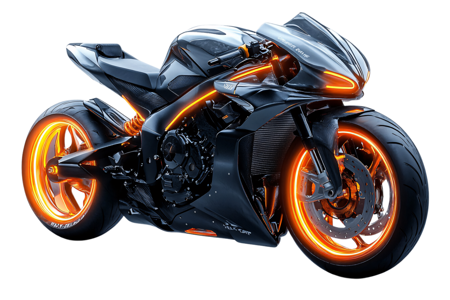 High-tech motorcycle in black with striking neon-orange accents, glowing wheels, sharp angles, and aggressive lines, resembling a sci-fi concept bike, perfect for night rides png