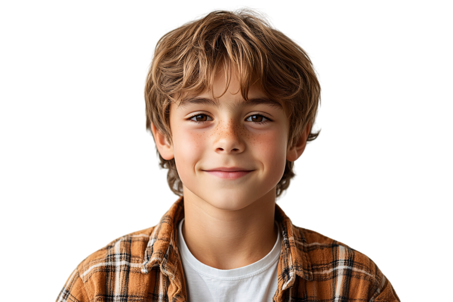 Close-up of a young boy with freckles and tousled hair, wearing a casual plaid shirt, looking straight into the camera with a gentle smile png