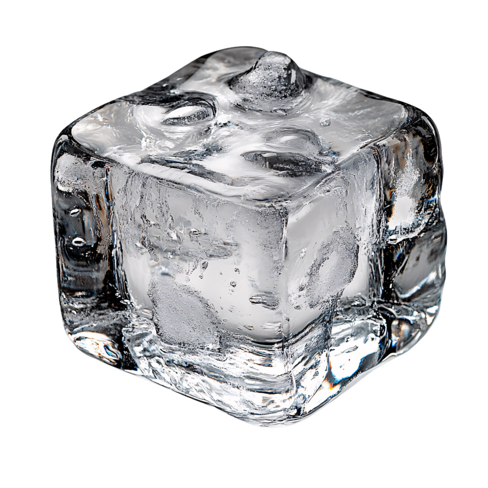 Clear ice cube with smooth surfaces and subtle bubbles, showcasing a pristine frozen texture that reflects light elegantly, creating a visually appealing effect png