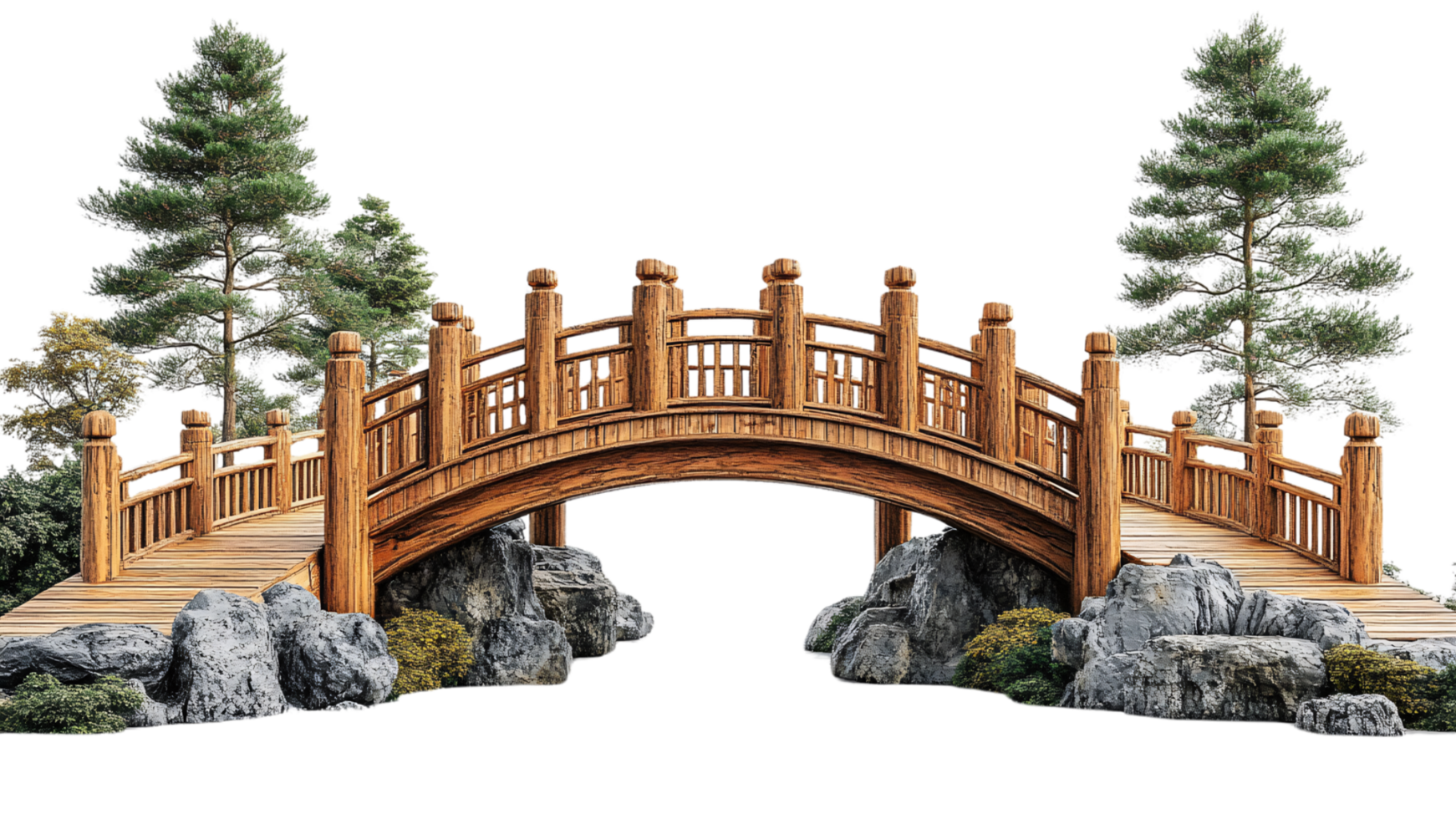 Traditional Japanese arched wooden bridge with railings and decorative elements, set among natural rocks and surrounded by pine trees, evoking serenity and craftsmanship png