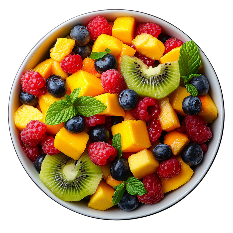 A colorful fruit bowl with mango cubes, raspberries, blueberries, kiwi slices, and mint leaves, bursting with freshness and visual appeal png