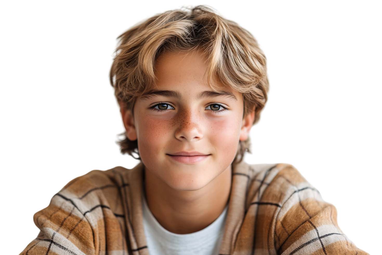 Portrait of a smiling boy with tousled blonde hair and freckles, wearing a cozy plaid sweater. His warm expression conveys innocence and happiness png