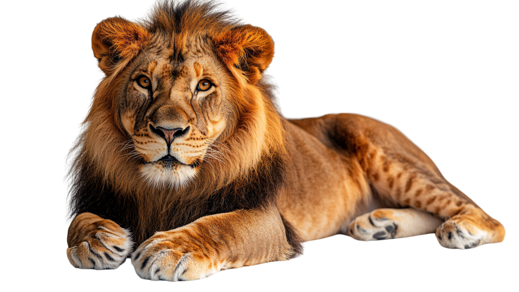 A majestic lion lying down, facing forward, with a serene yet powerful gaze, displaying a luxurious mane and a relaxed posture png