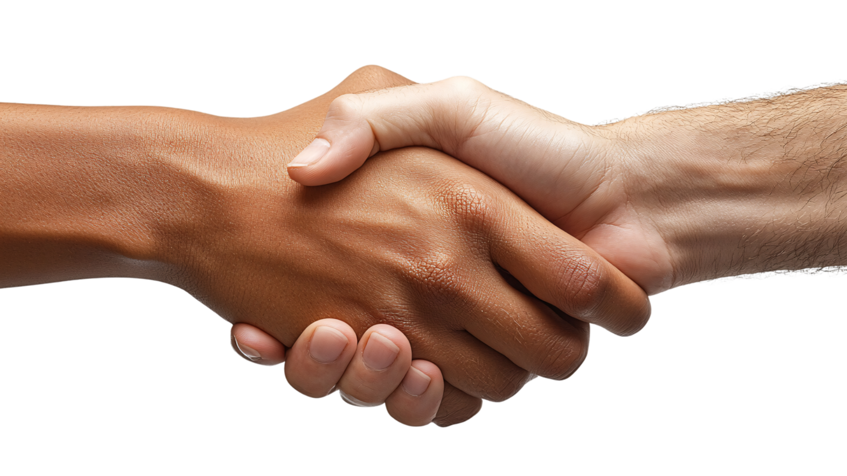 Close-up of two hands shaking, symbolizing trust, partnership, and unity, with contrasting skin tones, highlighting strength in diversity png