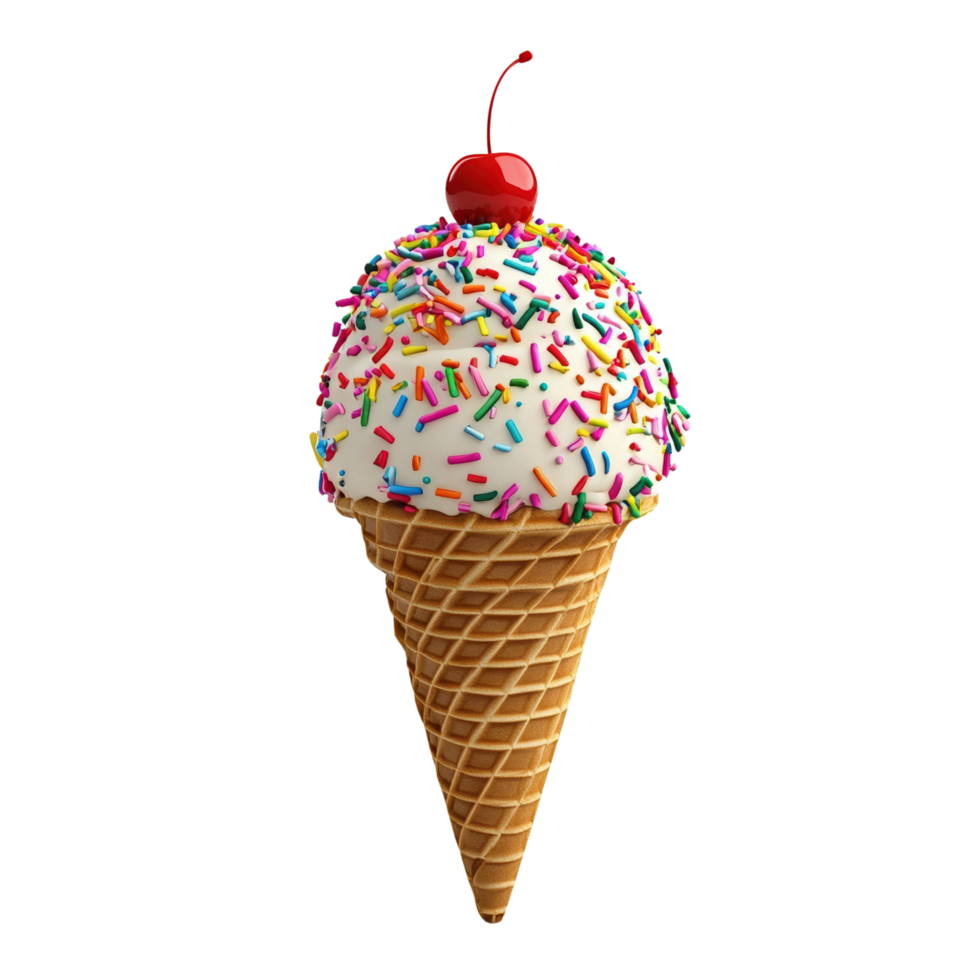 Colorful Cartoon Ice Cream Cone with Sprinkles and Cherry on Top Isolated on Transparent Background png