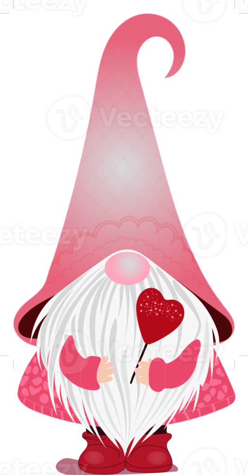 Cute Pink Gnome Holding Heart Lollipop. Happy Valentine's day concept. png