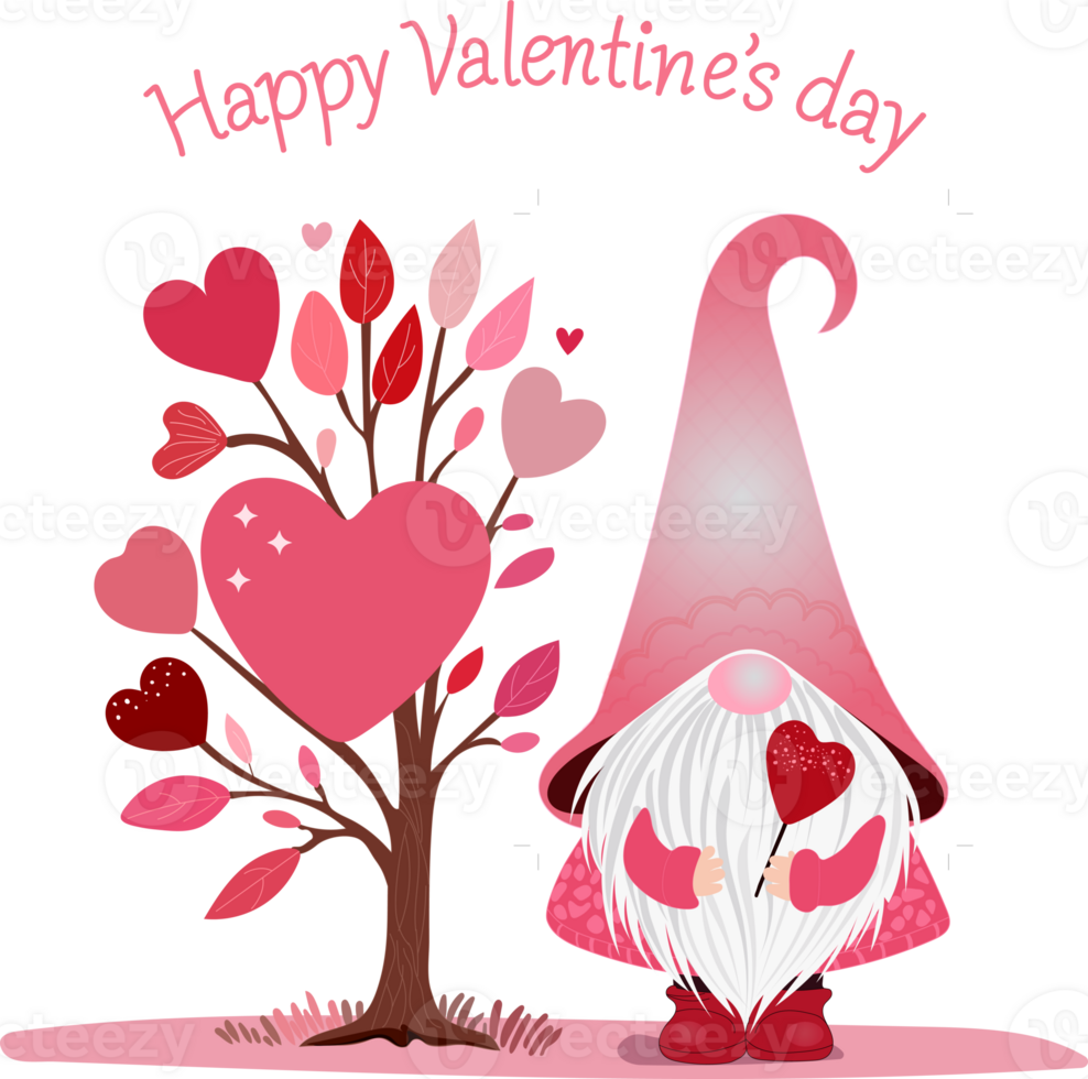 Happy Valentine's day concept. Gnome in a pink-red dress holds a heart-shaped wand for casting a love spell. Valentine greeting card with a heart and tree in floral leaves design. Isolated background. png